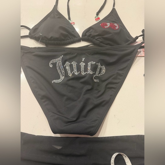 Juicy Couture Black Rhinestone Cherry 3-Piece Bikini Set Size L NWT - Picture 9 of 12